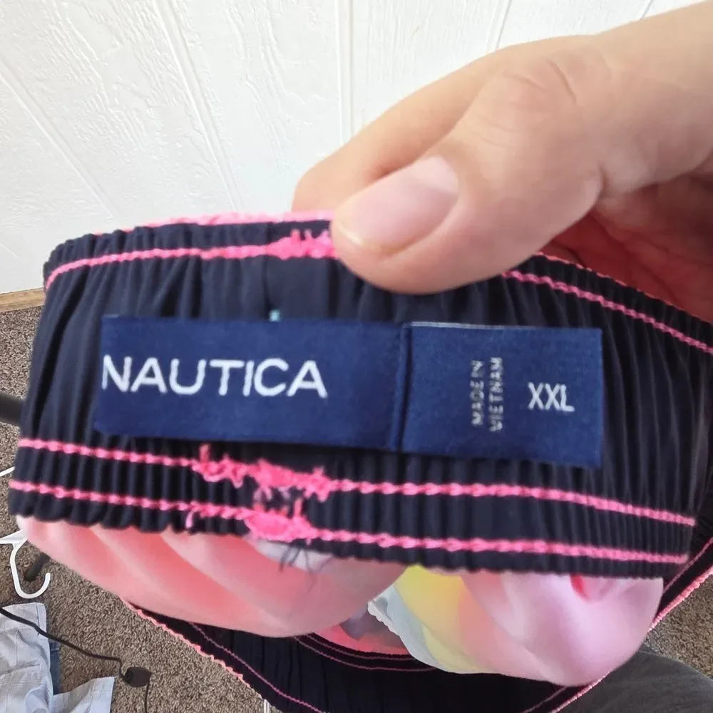 Men's Nautica Pink, Yellow, and Blue Swim Shorts, Size XXL